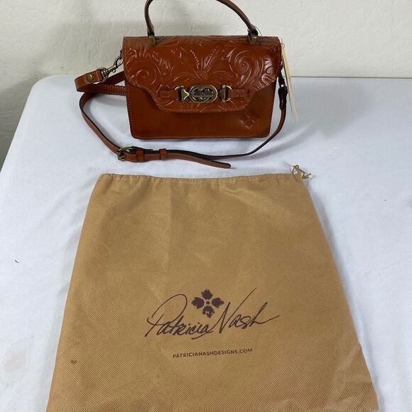 Patrica Nash NWT PORCILI top handle crossbody/ cognac color tooled Florance - Picture 1 of 8